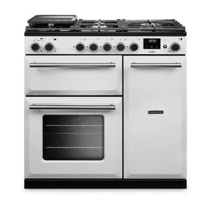 Rangemaster Aura AURA90DFPWHT/BN1 90cm Dual Fuel Range Cooker White (Paint) - Brushed Nickel
